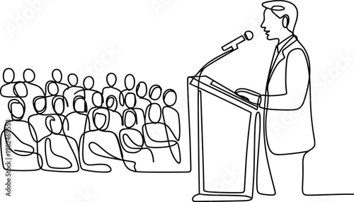 Business speaker presenting line art illustration, public speech at podium with audience, leadership communication concept, minimal corporate conference seminar outline design