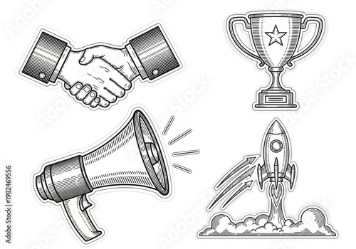 Business success symbols handshake, trophy, megaphone and rocket launch illustration