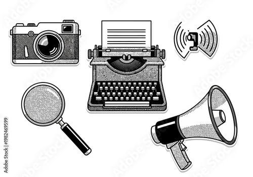 Retro media and communication symbols, including a camera, typewriter, and megaphone
