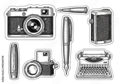 A collection of vintage writing and photography tools, including a camera, typewriter, and pen