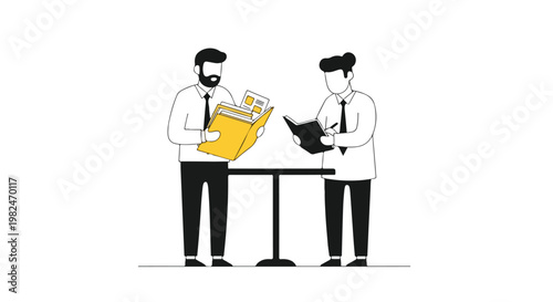 Two professional men in office wear stand by a table, one holding a yellow binder while the other takes notes in a notebook in this simple vector.
