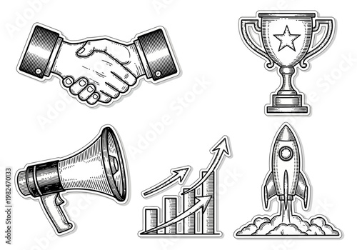 Vintage-style icons representing business success, communication, and growth strategies