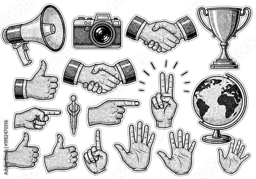 Vintage Handshake, Camera, Trophy, Globe, and Gesture Icons