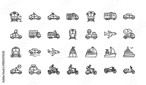 Transportation line editable icons set pixel perfect vehicles outline vector collection