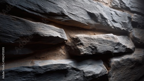 Textured gray stone wall background with uneven surfaces, natural light, showcasing the beauty of geological formations and architectural design elements