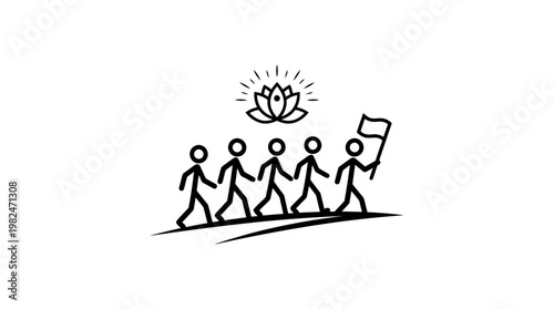 Group of People Marching Towards a Lotus Blossom