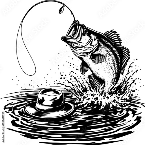 Catch of the Day: An artistic depiction of a large, leaping fish caught on a fishing line, with a hat floating on the water, capturing the excitement of the moment.