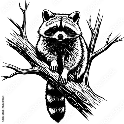 Raccoon Perched on a Branch: A detailed illustration captures the curious gaze of a raccoon resting on a sturdy tree branch, showcasing its distinctive masked face and fluffy striped tail. 