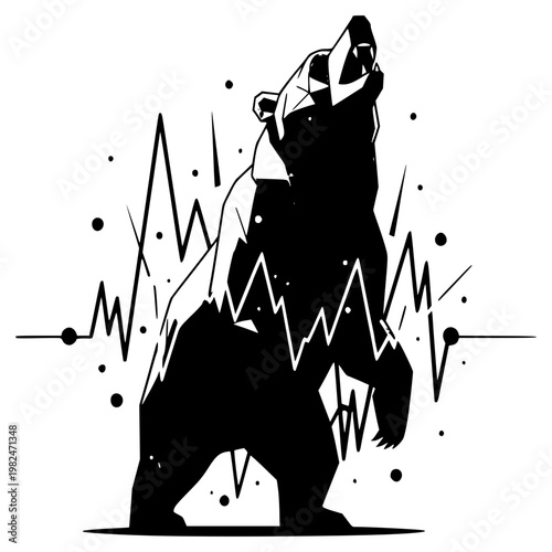 Rising Bear and Dynamic Lines: An illustration of a powerful bear, rendered in bold black and white, against a backdrop of dynamic lines, symbolizing strength and the volatility of the market.