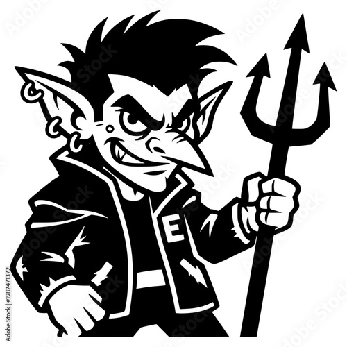 Rebellious Imp with Trident: A mischievous imp with sharp features, adorned with piercings and holding a formidable trident, embodies a spirit of playful rebellion and defiant charm.