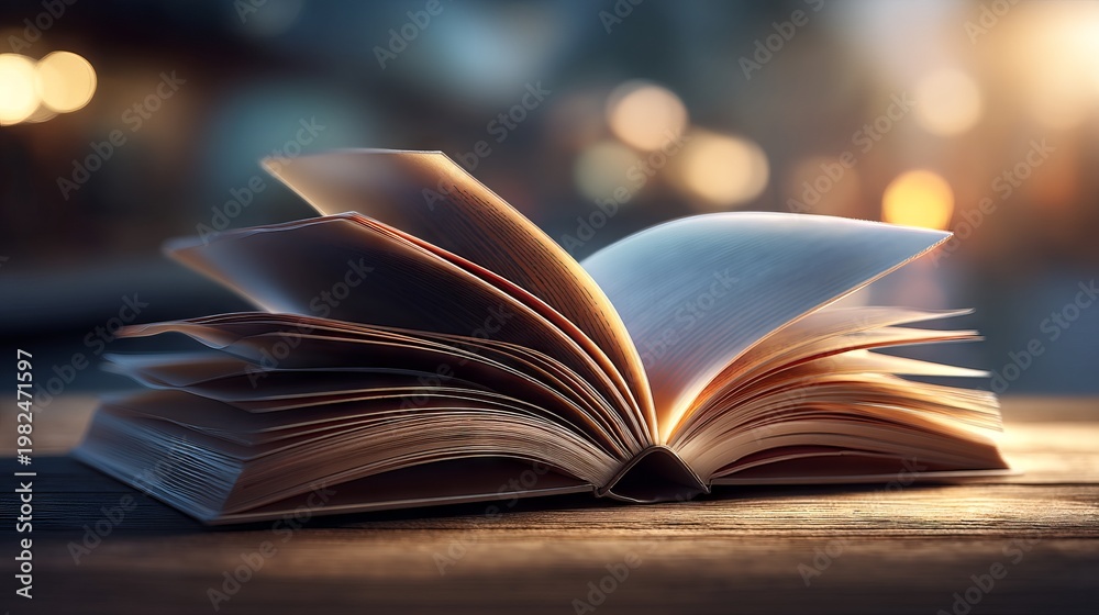 Naklejka premium Open Book with Soft Pages and Gentle Light Illuminating the Scene
