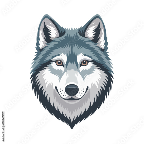 Gray wolf head illustration with orange eyes isolated on white