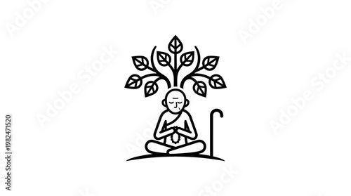 Zen Monk Meditating Under Tree in Minimalist Style