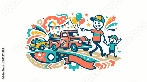 Community Parade With Vintage Truck and Children