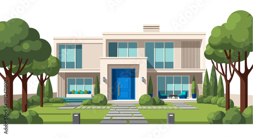 Luxurious modern house with a vibrant blue door, surrounded by lush green trees, manicured lawn, and stone pathway, creating a serene and inviting atmosphere, perfect for real