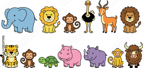  Cute Kawaii Cartoon Safari Animals Vector Illustration Pack Elephant Lion Tiger Monkey Hippo Rhino Yak Turtle