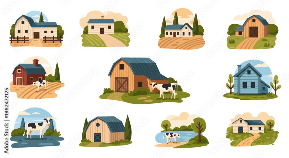 Naklejka premium Charming rural farm scenes showcasing various houses and barns, complete with cows, fields, and serene landscapes, rendered in a flat, illustrative style with a warm, inviting