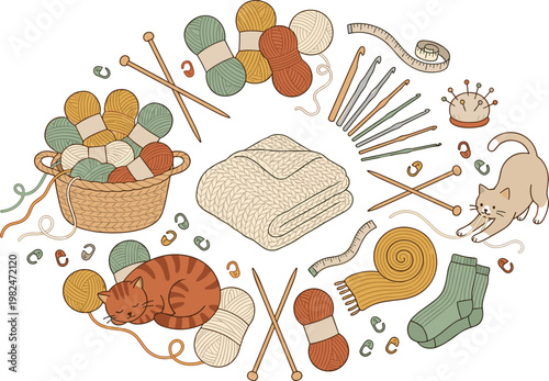 Knitting and crochet supplies arrangement with yarn basket needles cozy blanket and playful cats vector illustration