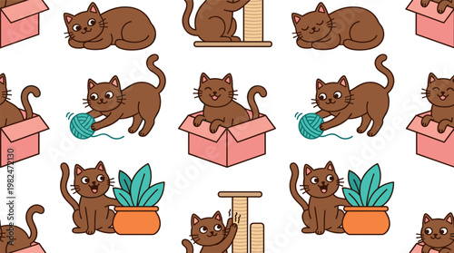 Seamless cute brown cat pattern with kittens playing yarn, sitting in boxes, scratching posts, and houseplants
