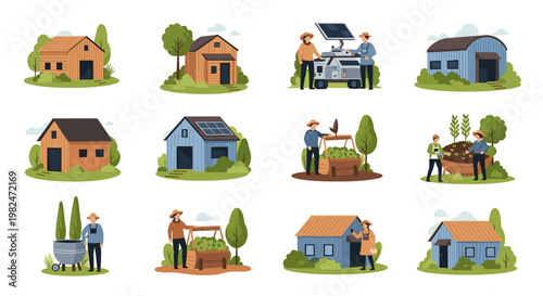 Farm life scene showcasing various farming activities, including harvesting, gardening, and utilizing solar energy for sustainable agriculture. depicted are farmers tending crops,