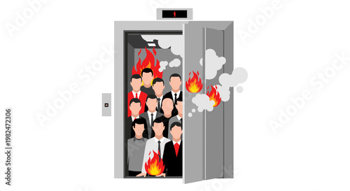 Elevator doors open revealing trapped people amidst flames and smoke, a dramatic illustration of a fire emergency, featuring men in suits and ties, conveying a sense of peril and