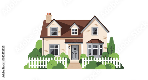 A charming residential house, showcasing a cozy suburban residence with a brown roof, windows, and a welcoming front door. the home is surrounded by a white picket fence, lush