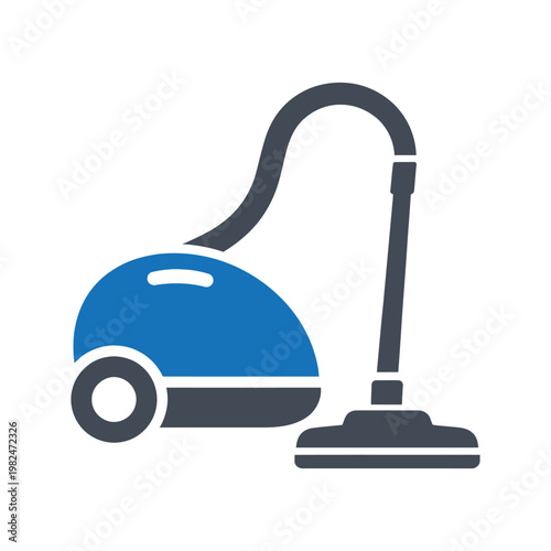 Blue and grey vacuum cleaner icon illustration isolated on a plain white background.