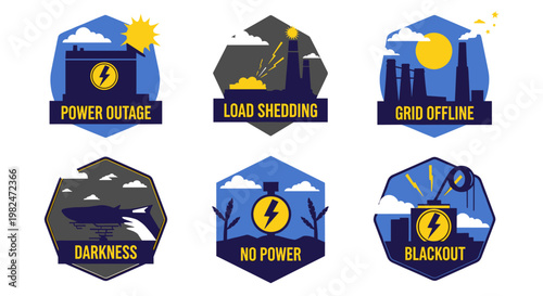 Six stylized emblems depicting energy crisis scenarios, featuring a battery, power plant silhouettes, and lightning bolts against a blue and yellow palette, illustrating power