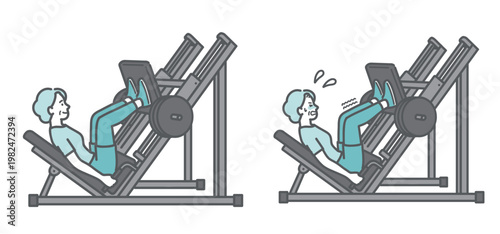 笑顔でレッグプレスをするシニア女性と、足を震わせ辛そうにレッグプレスをするシニア女性の2点比較イラスト