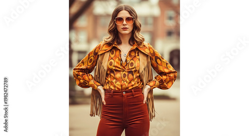 A woman in stylish 1970s inspired outfit.