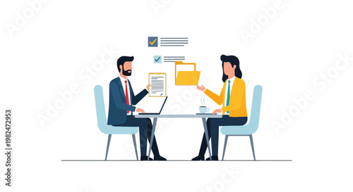 A professional man and woman sit at a desk, reviewing documents and using technology during a productive business meeting.