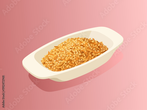 A stylized isometric vector illustration showcases a pristine white boat-shaped dish overflowing with a savory golden-brown mixture of toasted sesame seeds and crispy shallots on a soft pink backdrop