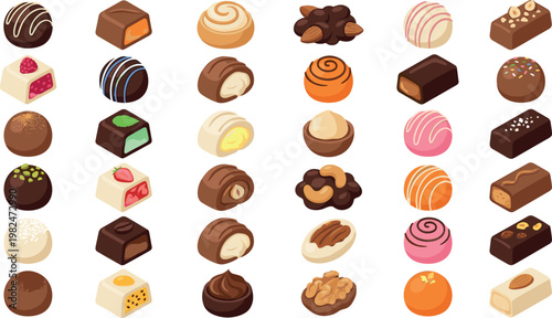 Assorted Chocolate and Candy Collection with Truffles, Pralines, Nuts, Cream Fillings, and Decorative Sweets in Cute Cartoon Style Vector Illustration Set