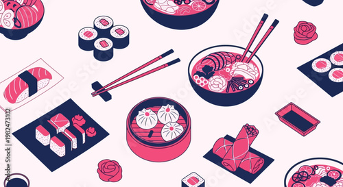 Isometric Asian Food Set Vector Illustration with Sushi Ramen and Dim Sum
