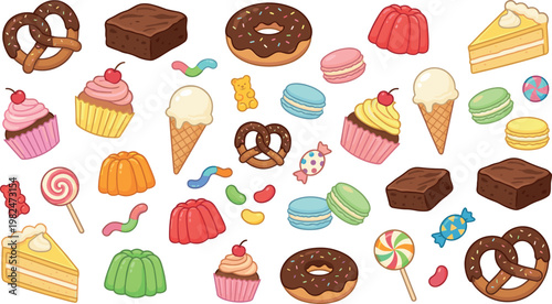 Cute Cartoon Dessert and Candy Collection with Donuts, Cupcakes, Ice Cream, Macarons, Cakes, and Sweets in Playful Kawaii Style Vector Illustration Se|"\