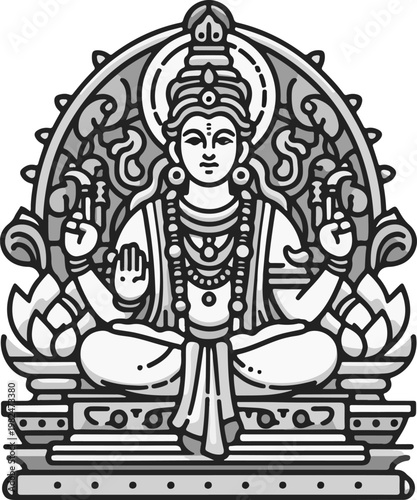 Traditional Indian Mythology Graphic Vishnu or Saraswati Seated in Meditation Mudra, Embodying Prosperity, Knowledge, and Spiritual Balance
