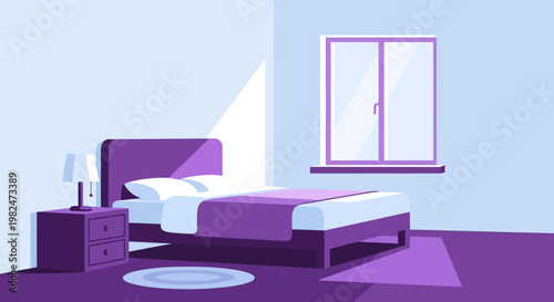 A minimalist bedroom illustration featuring a purple bed, a nightstand with a lamp, and a window with natural light streaming in.