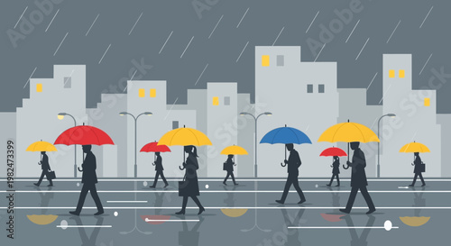 Silhouettes of people with umbrellas walking in the rain on a city street with buildings in the background.