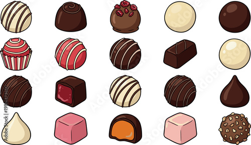 Assorted Chocolate Candy Collection with Truffles, Pralines, Filled Chocolates, and Sweet Confectionery Treats in Cute Cartoon Style Vector Illustration Set