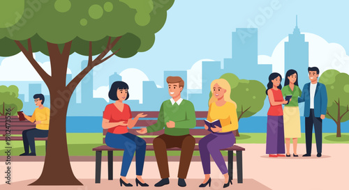 A diverse group of people enjoying a sunny day in a city park, engaging in conversation and reading on benches.