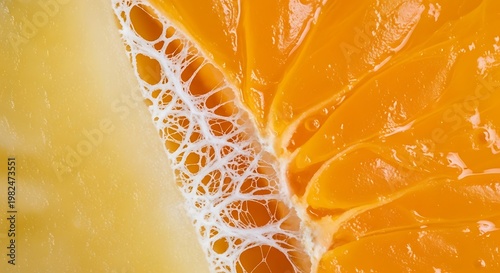 Closeup of orange peel with white pith on vibrant orange background