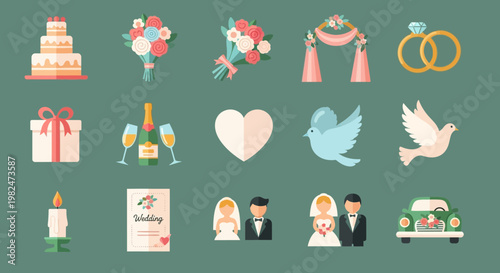 A collection of flat design wedding icons including cake, rings, flowers, champagne, doves, and a bridal couple.
