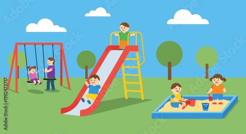 Children playing happily on a vibrant outdoor playground with swings, a slide, and a sandbox under a clear blue sky.