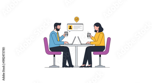 A man and woman sit at a table using laptops and drinking coffee, with a chat bubble showing a user profile appearing above them.