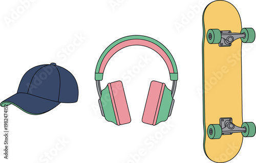 Streetwear accessories set featuring cap headphones and skateboard in modern style