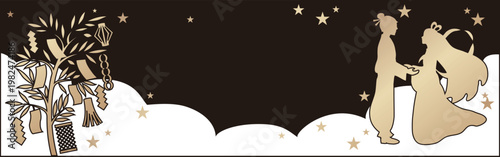 七夕のイラスト素材　織姫と彦星のシルエット　笹飾りと夜空 雲　バナー　フレーム　背景　イラスト素材