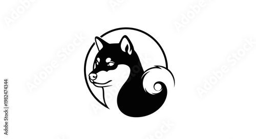 Shiba Inu Dog Logo Head Silhouette Circle - Black and White Icon