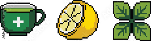 Retro pixel illustration of natural remedies featuring tea citrus and herbs