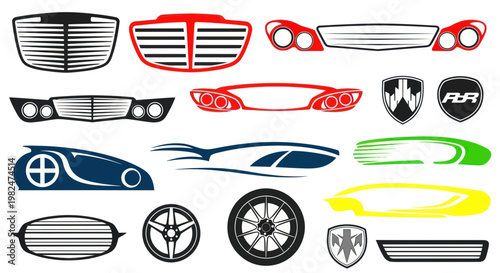 Automotive Design Elements: Grilles, Headlights, Logos, and Car Silhouettes