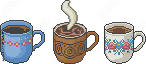 Pixel art coffee mugs set featuring steaming drinks in retro style